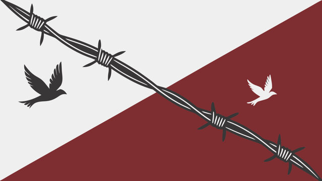 World refugee day illustration with barbed wire and flying doves symbolizing hope and freedom