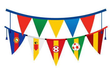 Obraz premium Colorful triangular pennant banner with soccer themed flags and designs hanging on a blue rod with tassels on a white background illustration