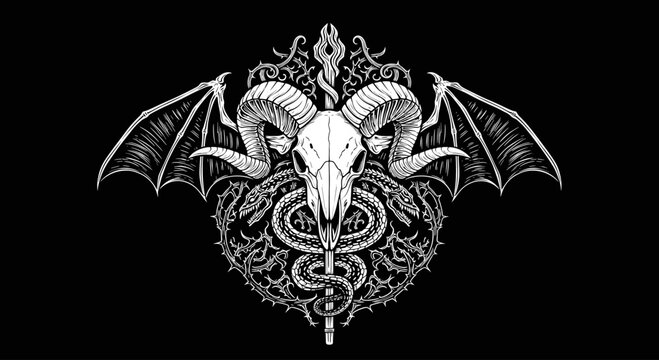 Intricate Ram Skull With Bat Wings and Serpent Symbol.