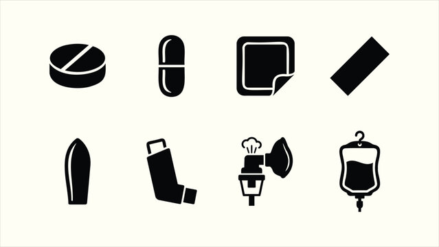 Solid black medical medication and treatment glyph icon set collection