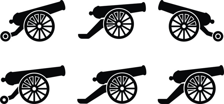 Retro military cannon black silhouette collection containing antique army artillery guns with wheels for battle history museum graphics and vector game asset elements