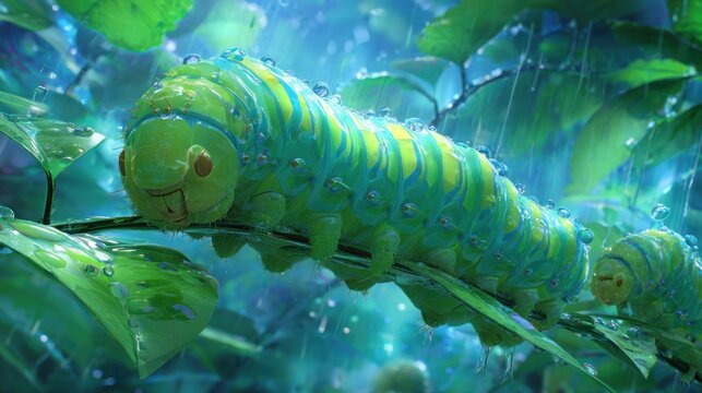 Vibrant, animated caterpillars crawl along damp foliage during a gentle rainfall.