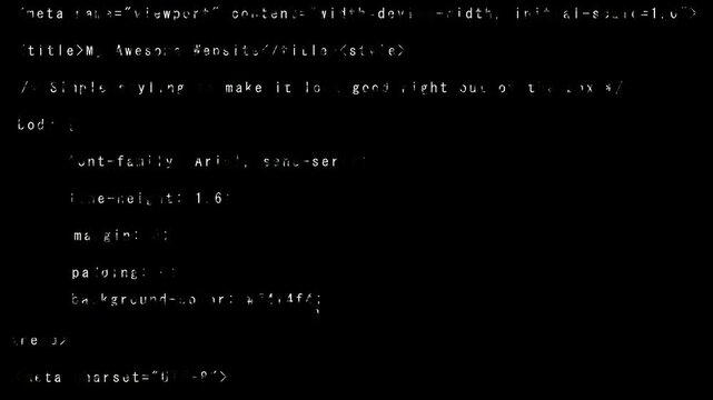 HTML and CS code for a web page with white text on black. Technical HTML and CS code for a web page for fronted engineering guides. Modern HTML and CS code for a web page.
