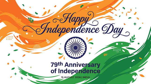 Indian independence day celebration graphic with ashoka chakra and tricolor wave design