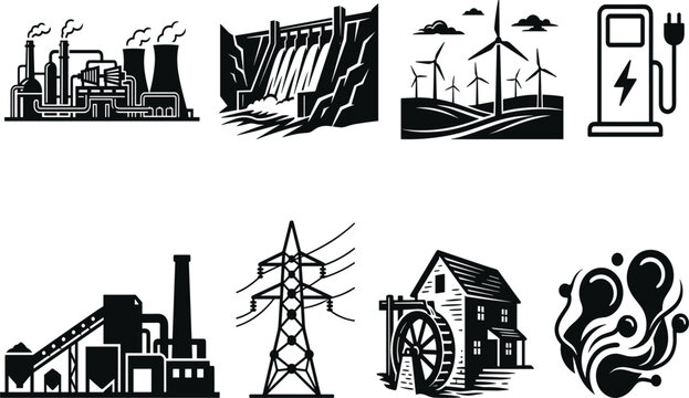 Energy and power industry icons set featuring renewable green resources and traditional electricity generation silhouettes