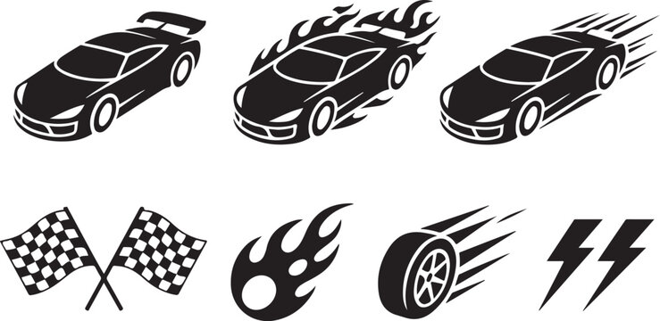 Speed car icons set showcasing racing vehicles fire flames motion lines speedway flags wheel burnout and electric power thunder.