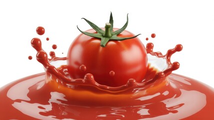 Fresh ripe tomato splashing in vibrant red liquid with droplets isolated on white © khan