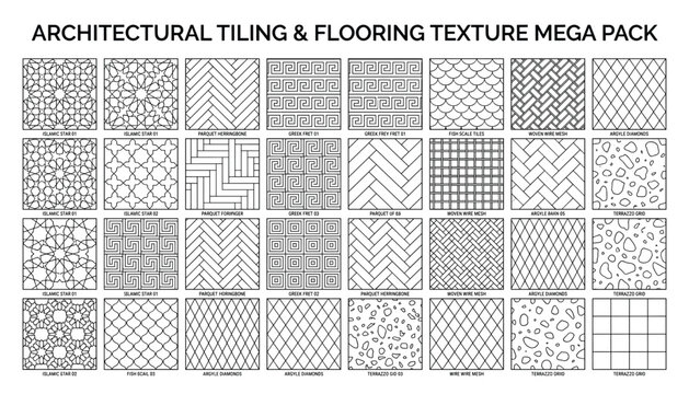 Architectural tiling and flooring texture mega pack vector art designs seamless patterns for graphic design transparent backgrounds.