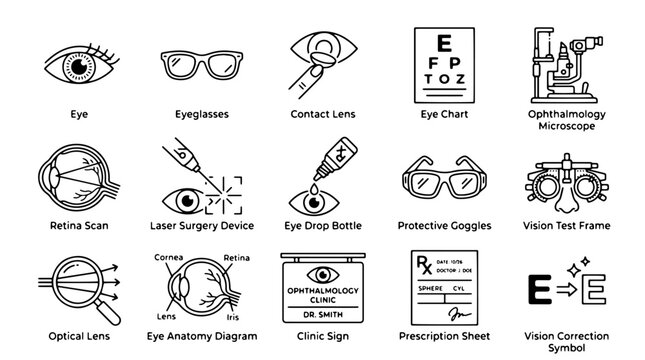 Eye care, ophthalmology icons, eye exam, vision test, medical symbols