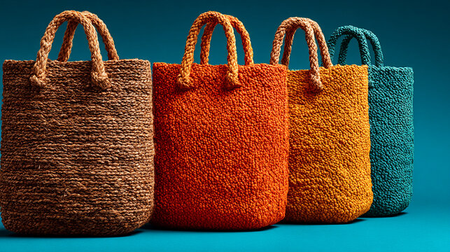 Four colorful woven beach bags arranged in a row on a solid teal background representing summer fashion accessories