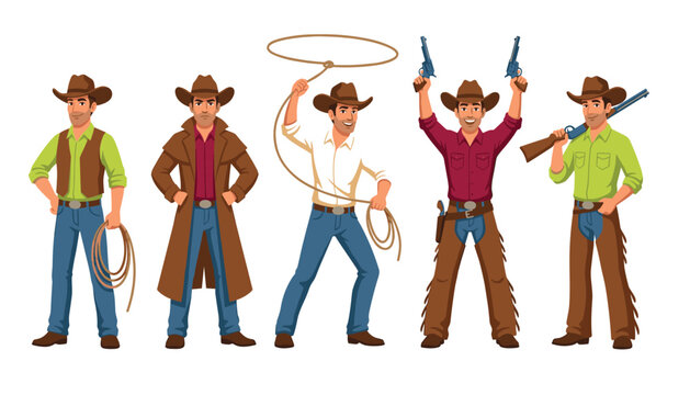 Cowboy character vector set standing in various poses with lasso rope guns and rifle isolated on white background