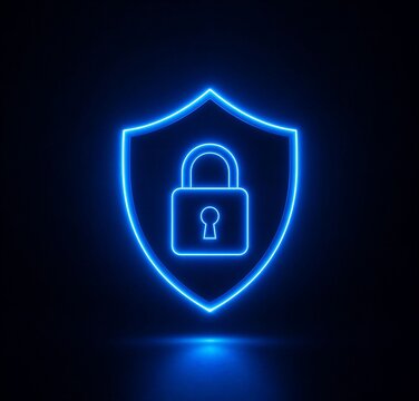 Glowing neon shield with padlock symbol representing digital security and data