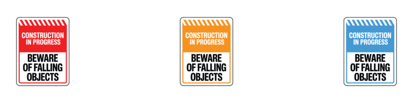 Construction in progress sign vector set. Vector illustration of beware of falling objects safety banner, industrial hazard caution plate, and site under maintenance board on white background.