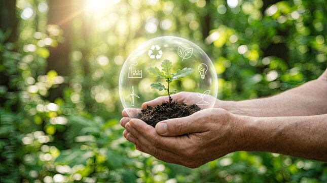 Hands holding seedling in protective bubble with sustainability icons
