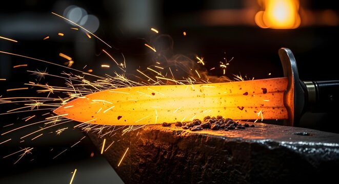 Blacksmithing and metal forging. Industrial manufacturing and craftsmanship. Glowing hot metal blade being shaped on an anvil with sparks flying