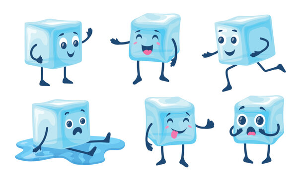 Ice cubes cartoon characters. Frozen water melt blocks, funny mascot cute emoji icy pieces happy face emotion freezy cold drink cool frosty icecube set neat vector illustration