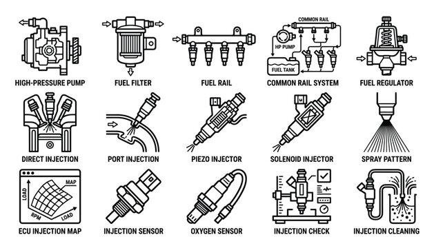 Automotive fuel system parts vector icons and diagrams for technology and transportation design transparent background.