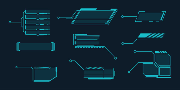 Advanced high-tech hud pointer callouts and label kit. Vector illustration of cyberpunk digital text placeholder boxes, sci-fi modular data tracking nodes, and futuristic diagram annotation lines.