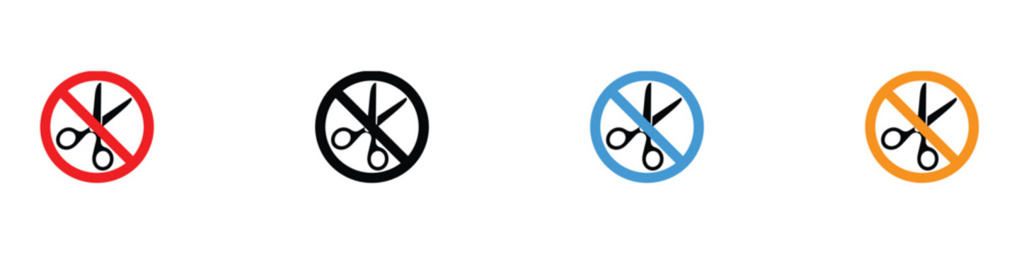 Prohibited no scissors sharp tool sign kit. Vector illustration of circular shape cutting object ban icon, airport security regulation symbol, and restricted area badge on white background.