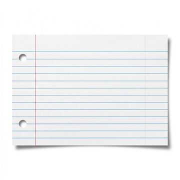 Close-up of lined notebook paper with red margin and blue lines