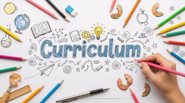 Hand drawing curriculum title with colorful pencils, eraser, globe, book, lightbulb, and school supplies scattered on white paper, representing education and learning concepts with creative flair.