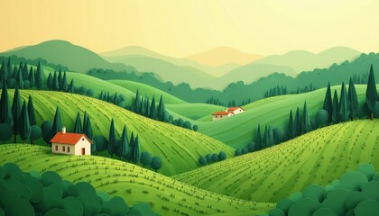 Fototapeta premium Rolling green hills with vineyards and trees. Two houses dot the landscape under a soft yellow sky. Serene rural scene evokes peaceful countryside living and organic farming.