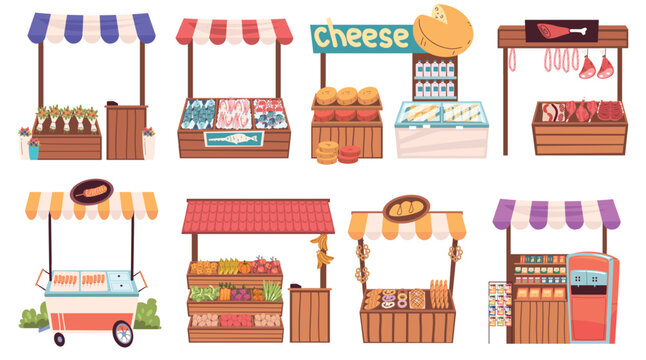 Street market stalls. Outdoor fair tent, local kiosk grocery store food shop fish meat booth bakery stand vegetable fruit cheese milk flower sale cart classy vector illustration