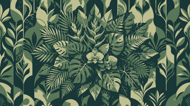 Stylized tropical foliage pattern with monstera and fern leaves