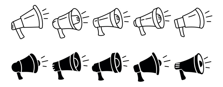 Loudspeaker icons. Megaphone logo pictogram, loud speaker announce bullhorn microphone marketing communication loudspeakers line icon shout speakerphone classy vector illustration