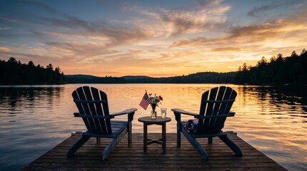Naklejka premium Adirondack chairs facing a tranquil lake during Independence Day sunset, subtle elements in red, white and blue, golden reflections in the water, composition.