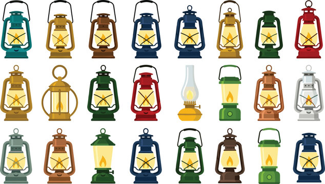 Vintage camping lantern and oil lamp vector icon set featuring traditional kerosene lamps gas lanterns and glowing retro light elements for outdoor adventure design