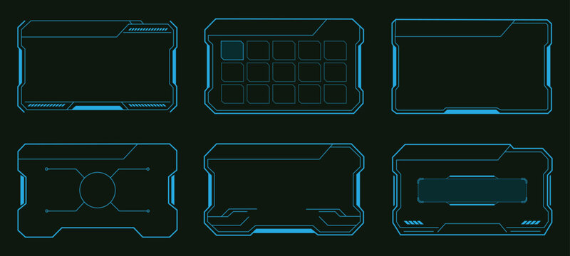 Sci-fi hud futuristic frame vector set. Vector illustration of cyberpunk user interface technology window, digital gaming dashboard border panel, and sci science fiction display element.