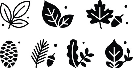 Botanical silhouette icon set with leaves, acorns, pine cone, and nature-inspired plant designs for creative artwork © Sabbir's World