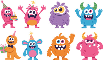 Fototapeta premium Cartoon monster party set with birthday cake, gift, and festive designs for celebration artwork