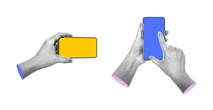 Pop art style collage of halftone hands holding smartphones. Vector arms holding phone in different angles. Modern and abstract digital content. Mobile marketing or creative communication visuals
