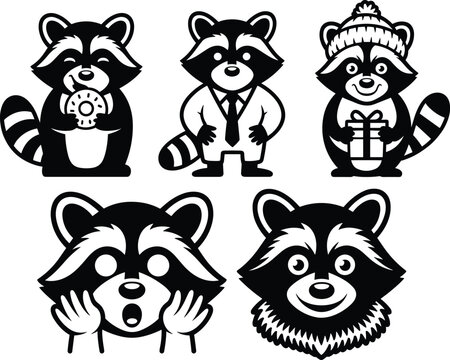 Cartoon raccoon illustration set with expressive faces, costumes, and playful character designs for creative artwork