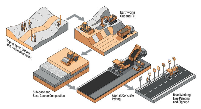 Construction process of a road with earthworks and paving.