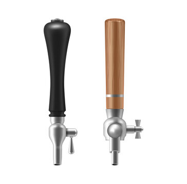 Realistic beer tap mockup set. Vector spigots with handles in different styles, wood and metal textures. High quality dispenser for bar design and pub branding. Brewery projects and advertising