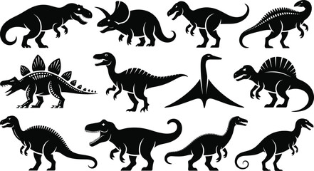 Collection of Dinosaur Silhouette Illustrations Featuring Tyrannosaurus, Triceratops, Stegosaurus, Velociraptor, Spinosaurus, and Pteranodon © Sabbir's World