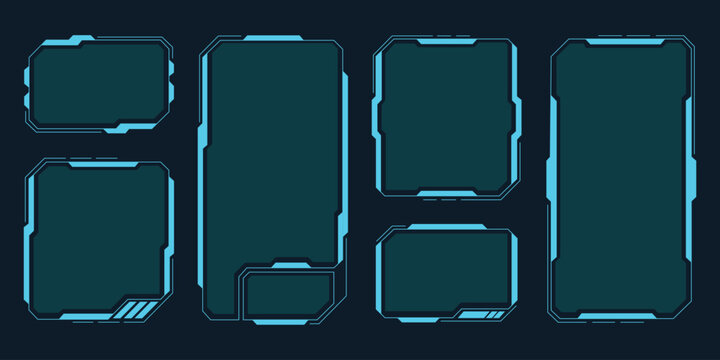 Advanced modular HUD scifi dashboard container kit. Vector illustration of cyberpunk multi ratio window frames, tech streaming interface placeholder widgets, and futuristic digital screen overlays.