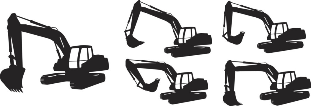 Excavator silhouette set with construction machinery in different digging and lifting positions for industrial design use