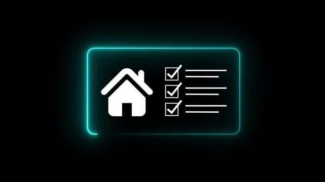 Neon Home Inspection Checklist Icon for Property Assessment and Real Estate Management black background.animation 4k video