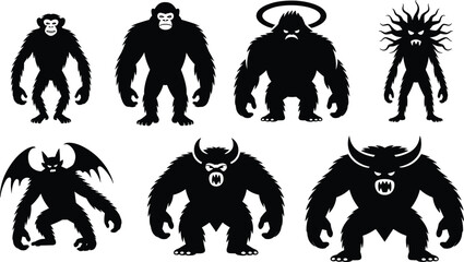 Naklejka premium Mythical creature silhouette set with monsters, beasts, and fantasy humanoid figures for creative design projects