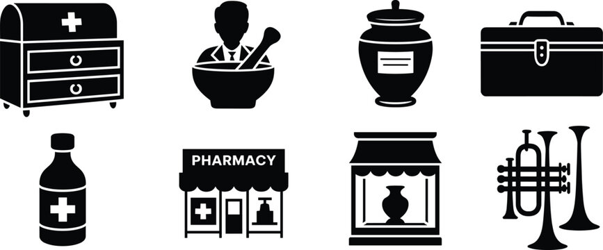 Pharmacy and healthcare silhouette icon set with medicine, apothecary, and medical case designs