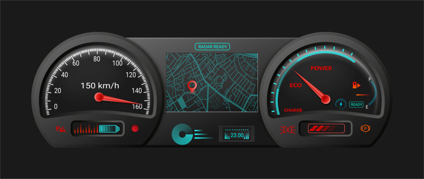 Speedometer and charge measure. Vector meters with arrow for dashboard with indicators. Gauge of tachometer and navigation system monitor. Scale score of speed, performance and rating