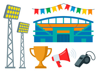 Naklejka premium Sports stadium with floodlights trophy megaphone and whistle illustration representing competition and victory