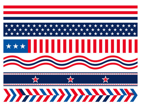 Collection of American Flag Themed Decorative Borders and Ribbons with Stars Stripes and Geometric Patterns in Red White Blue