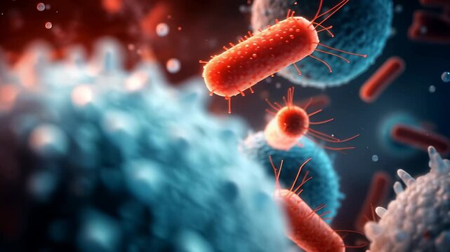 Close-up microscopic view of colorful bacteria and microorganisms. Concept of infection, healthcare, medical science, and biotechnology.