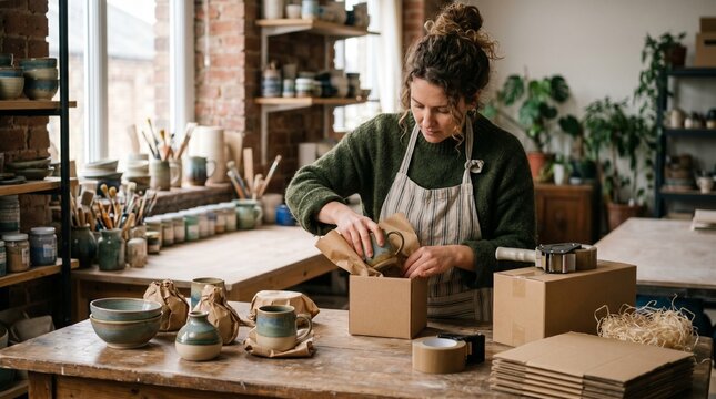Artisan carefully packing handmade ceramic mug into a cardboard box for shipping in a pottery studio