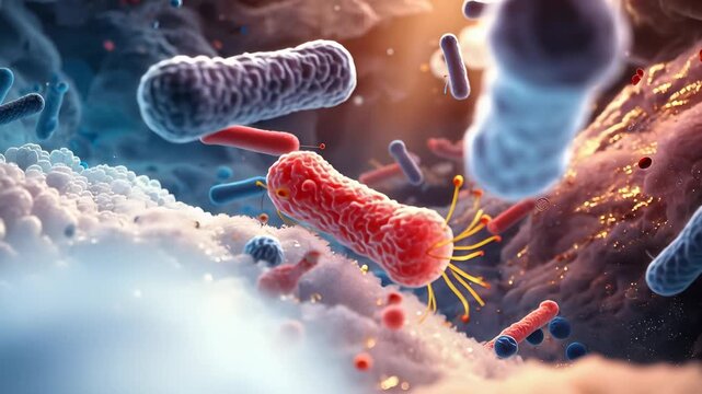 Close-up microscopic view of colorful bacteria and microorganisms. Concept of infection, healthcare, medical science, and biotechnology.